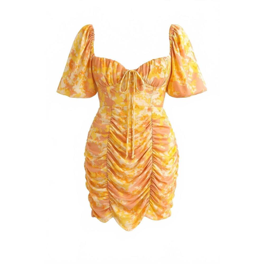 Painted‎ Threads Floral Ruched Yellow Pink Satin Puff Romantic Cottagecore L